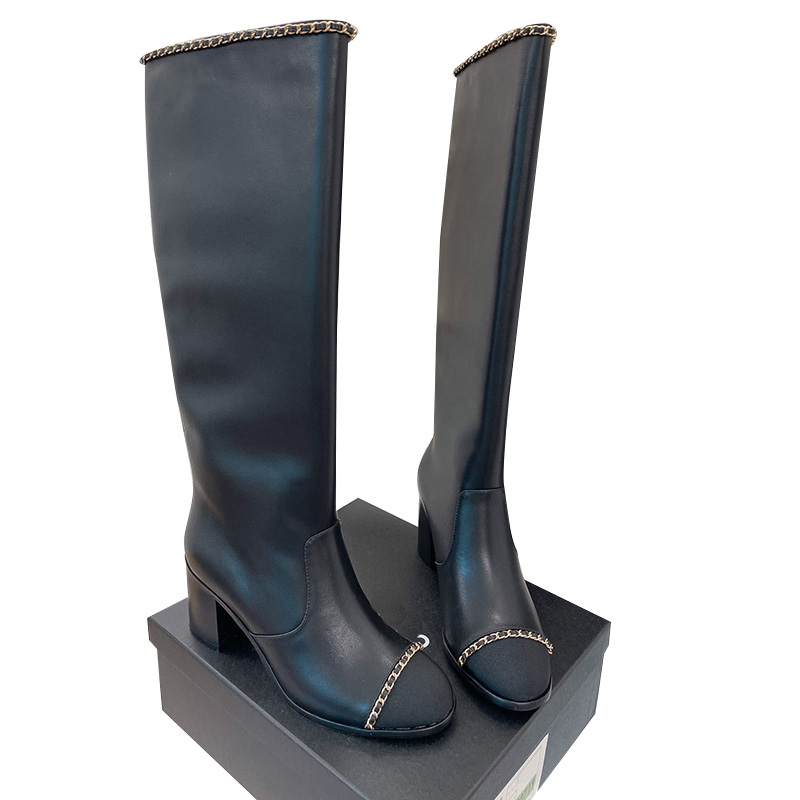 

Womens Knight Boots Round Toes Shoes Classic Black Cowhide Chunky Heels High 3cm/7cm Wiht Chain Genuine Leather Sole Retro Rainboots Western Fashion Snow Boot