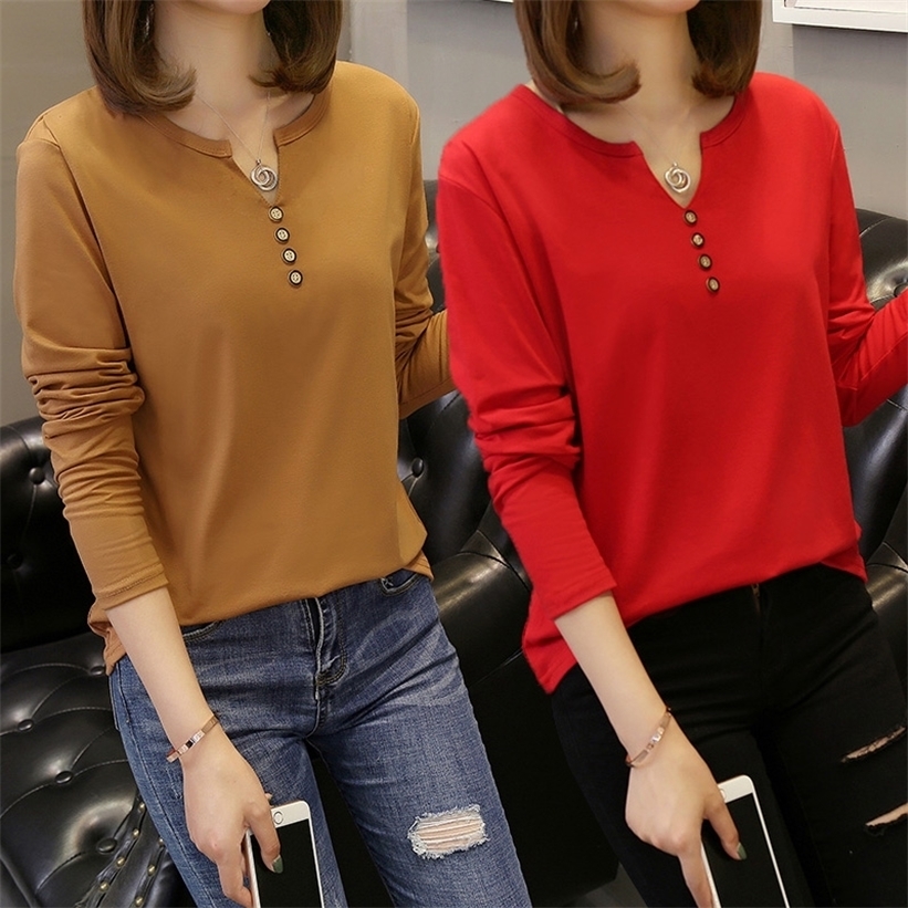 

Oversized Women's T-shirts Autumn Long sleeve Button V-neck Solid Tee Casual Hypertrophy Loose T-shirt Tops 220322, Dark blue