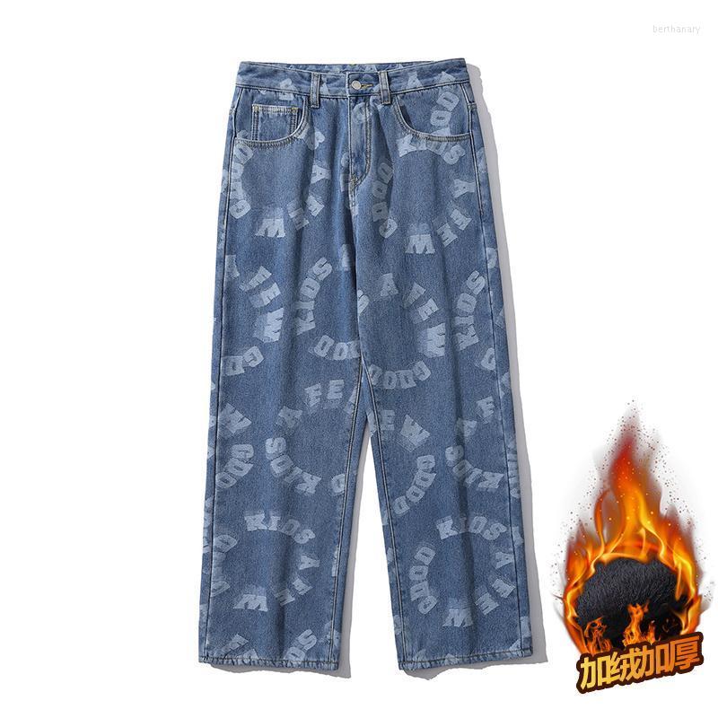 

Men' Jeans Trendy Brand Jacquard Plus Velvet Thick Men' Loose Casual Straight-leg Pants High Street Hip-hop Wide-leg PantsMen' Bert22, Blue