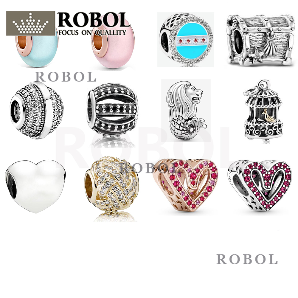

925 Silver Fit Pandora Charm 925 Bracelet Heart-shaped Round Charm Fashion Simple Beads charms set Pendant DIY Fine Beads Jewelry