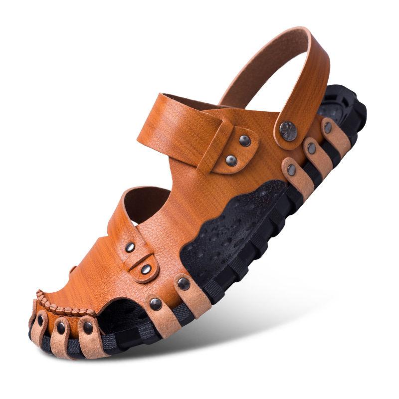 

Sandals Summer Men Breathable Soft Bottom Leather Leisure Beach Baotou, Black