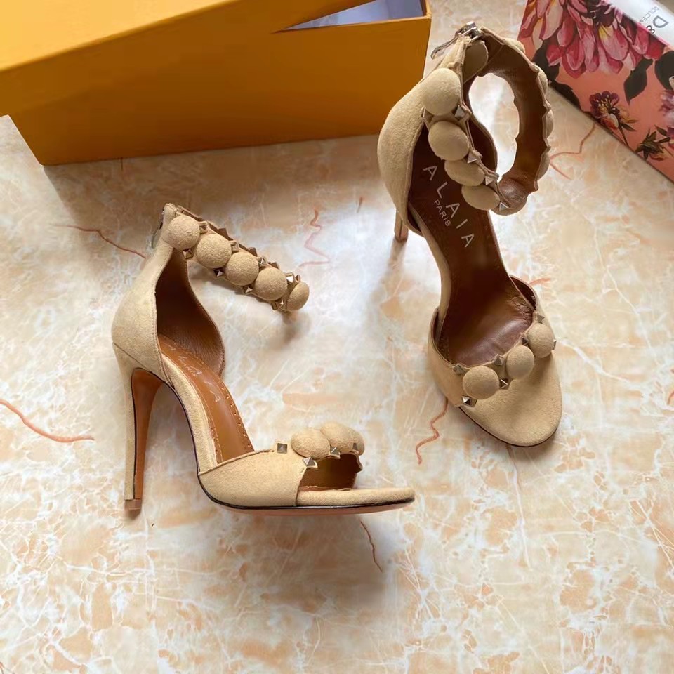 

New Season Shoes Alaia Suede Bombe Sandals Paris Stiletto Heel Jeweled Straps Pyramid-shaped Studs, As picture