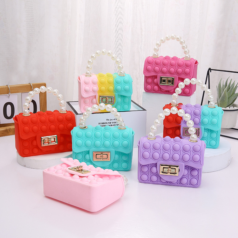 

Handbags Little Girl Silicone Jelly Coin Purse Kids Crossbody Double Sided Bubble Pearl Chain Bags, Pick colors and quantity