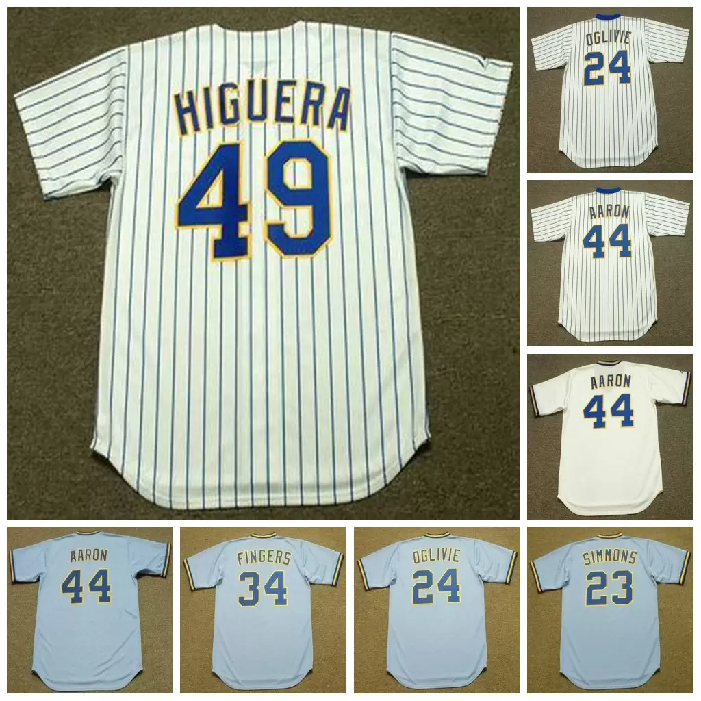 

Milwaukee Vintage Baseball Jersey 23 TED SIMMONS 1982 24 BEN OGLIVIE 34 ROLLIE FINGERS 44 HANK AARON 49 TEDDY HIGUERA 1990, 49 teddy higuera 1990 white