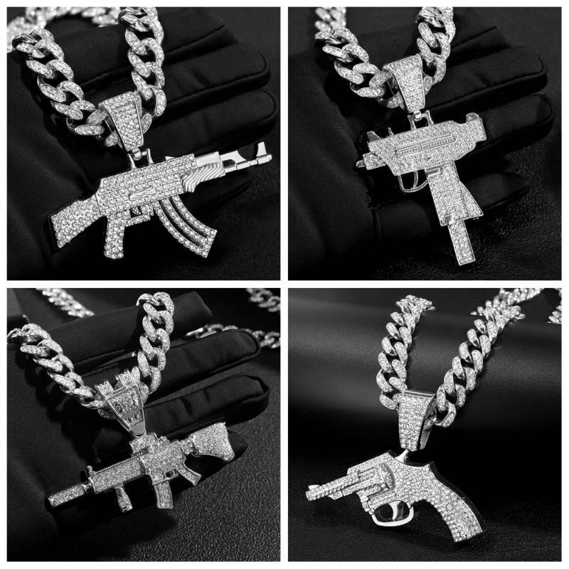 

Chains Iced Out Bling Submachine Gun Pendant Necklace For Men Women Hip Hop Rhinestone Cuban Link Choker Necklaces Bar Party JewelryChains