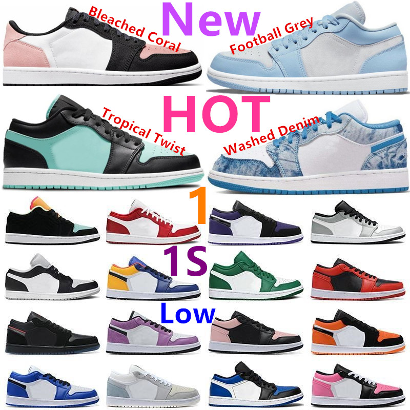 

1 1s Low Basketball Shoes Mens Womens Beaded Swoosh Denim True Blue Bleached Coral Football Grey Light Chocolate New Emerald Bordeaux Snakeskin Trainers Sneakers, 1s low fragment