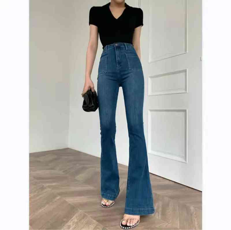

Leggy High Waist Flare Jeans For Women Vintage Slim Flare Denim Pants Lady Streetwear Casual Long Skinny Jeans Trousers T220728, Blue