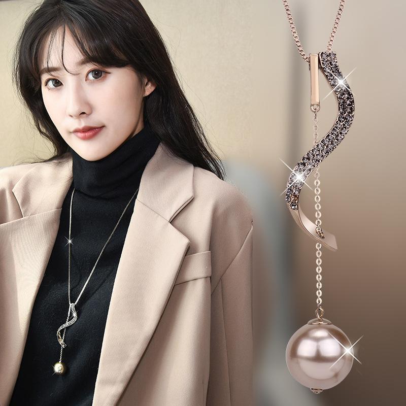 

Pendant Necklaces Autumn And Winter Korean Trend Imitation Pearl Geometric Women's Necklace Sweater Chain Long NecklacePendant