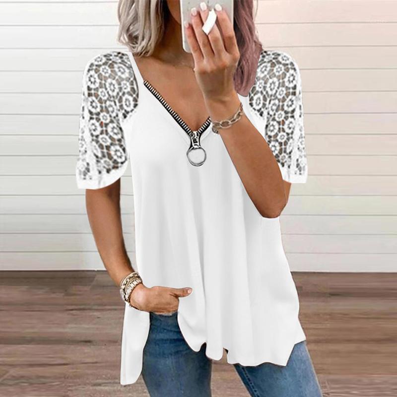 

Women' Blouses & Shirts Lace Patchwork Short Sleeve Shirt Women Summer Sexy Zipper V Neck Casual Elegant Blusas Fashion Plus Size Solid Loo, Green
