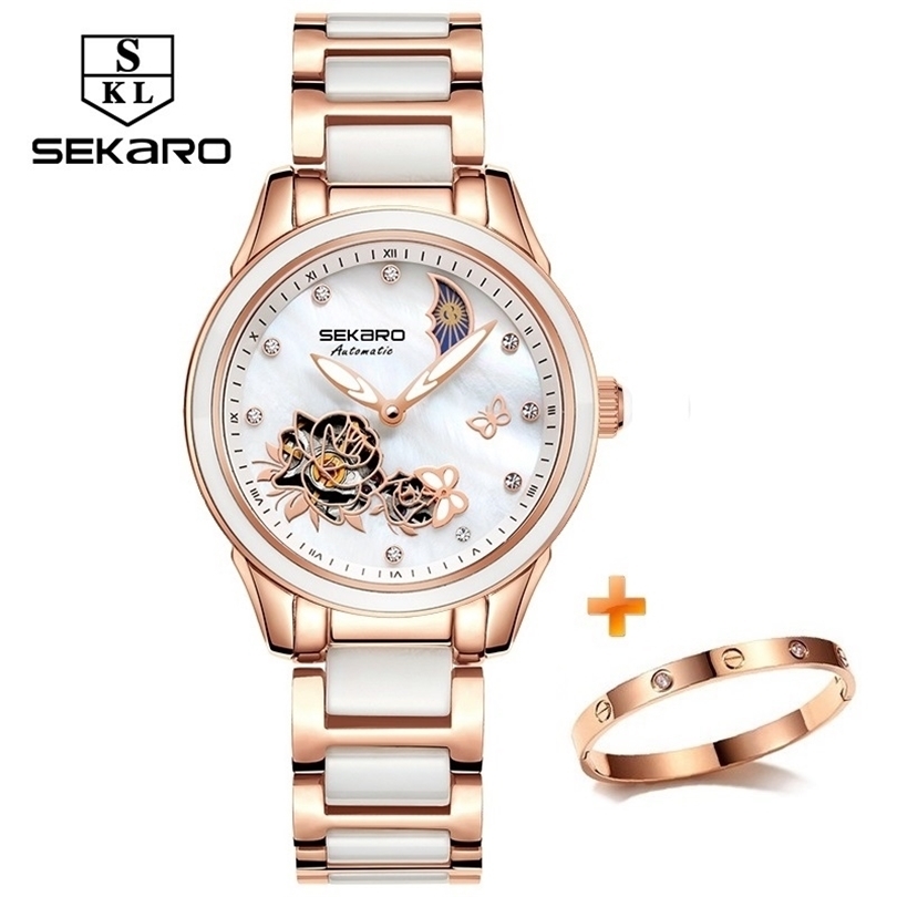 

2020 Butterfly Ceramic Clock Women's Wristwatches Sapphire Crystal Female Watch Lady's Dress Mechanical Watches Relogio Feminin T200409, White belt