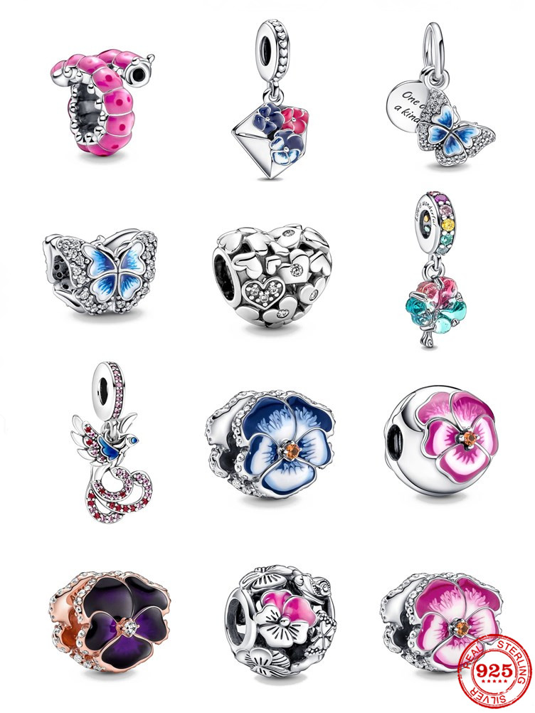 925 Sterling Silver Dangle Charm New Spring Color Flower Pendant Clip Butterfly Curled Caterpillar Beads Bead Fit Pandora Charms Bracelet DIY Jew