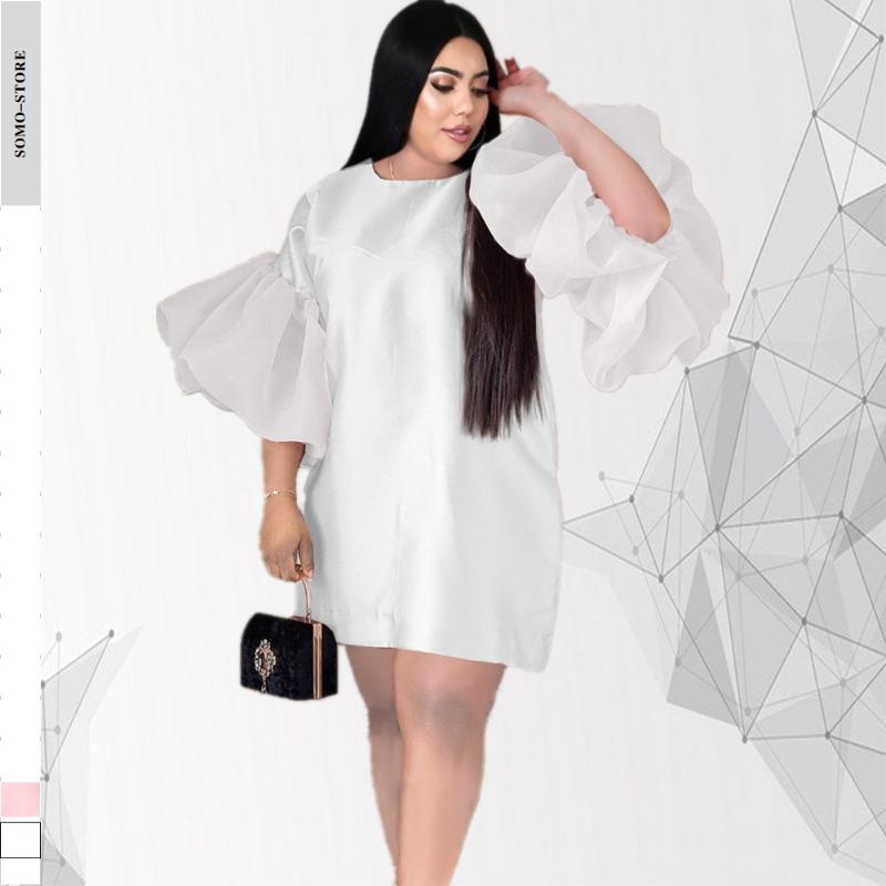 

Plus Size Dresses Spring Clothing 2022 Mesh Patchwork Loose Women Dressess Lantern Sleeve Crew Neck Elegance Evening Dress WholesalePlus, Pink