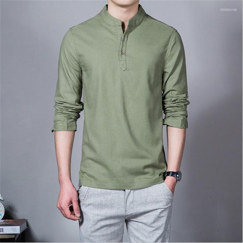 

Men's Casual Shirts Summer Holiday Plus Size -5XL Cotton Linen Solid Men Shirt Stand Collar Male Slim Fit Long-Sleeve CamicieMen's Eldd22, Beige