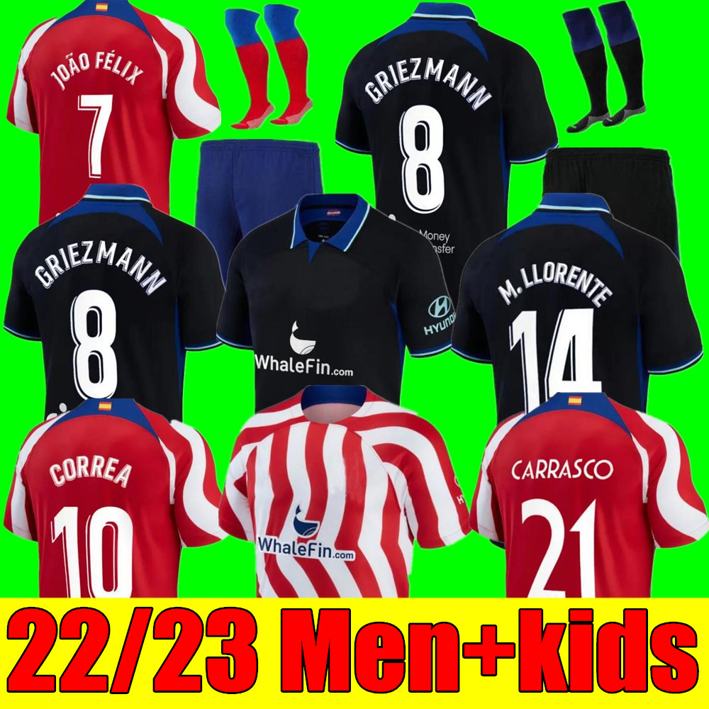 

New 22 23 adult men kids kit Soccer Jerseys home away 3rd SUAREZ Griezmann JOAO FELIX 2022 2023 Atletico MadridS M. LLORENTE CORREA KOKE LEMAR CARRASCO Football Shirt, Adult away+league patch