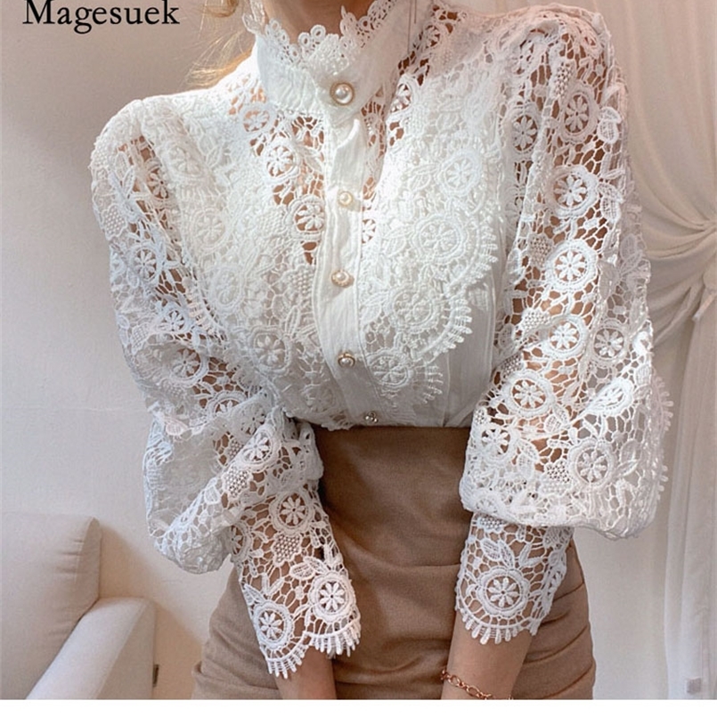 

Petal Sleeve Stand Collar Hollow Out Flower Lace Patchwork Shirt Femme Blusas All-match Women Lace Blouse Button White Top 12419 220407, Black