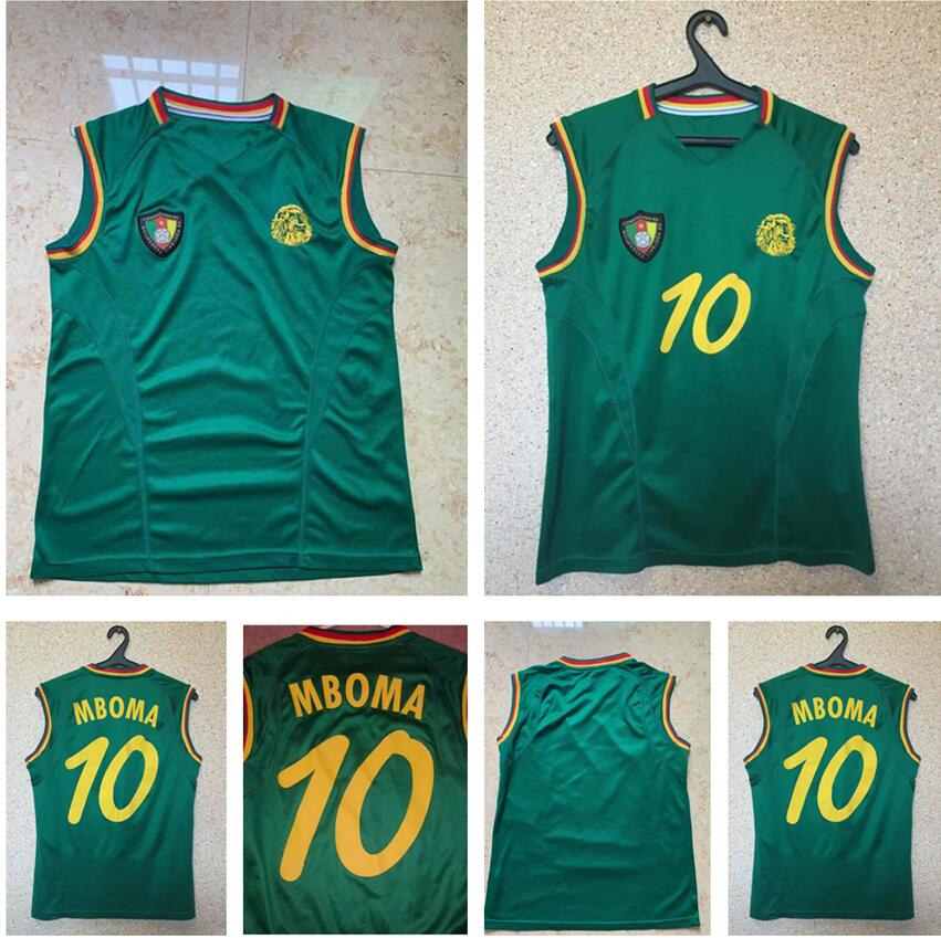 

2002 2003 Cameroon retro soccer jersey World #3 WOME Cup #10 MBOMA classic vintage vest football shirt 02 03 commemorate home green sleevele, Black