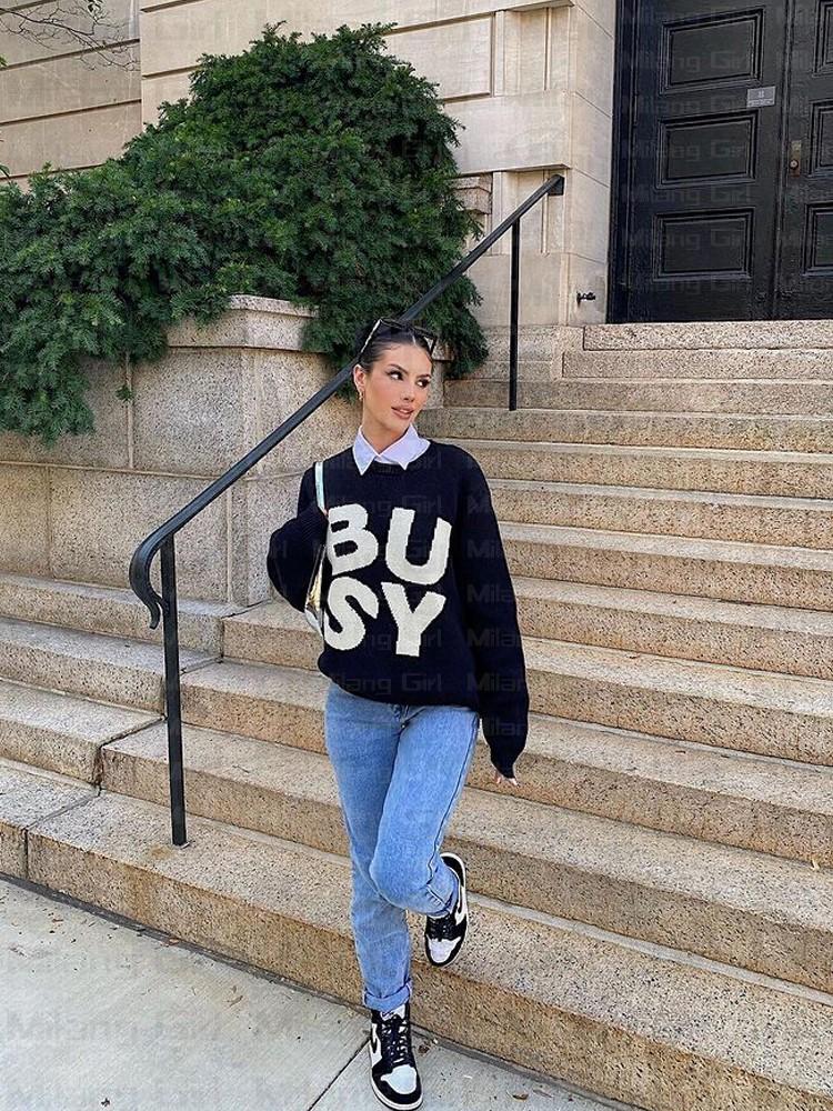 

Women' Sweaters Men Oversized Sweater Black Loose Busy Letter Printing Women Vintage Retro Knitted 2022 Autumn Cotton Pullover UnisexWomen