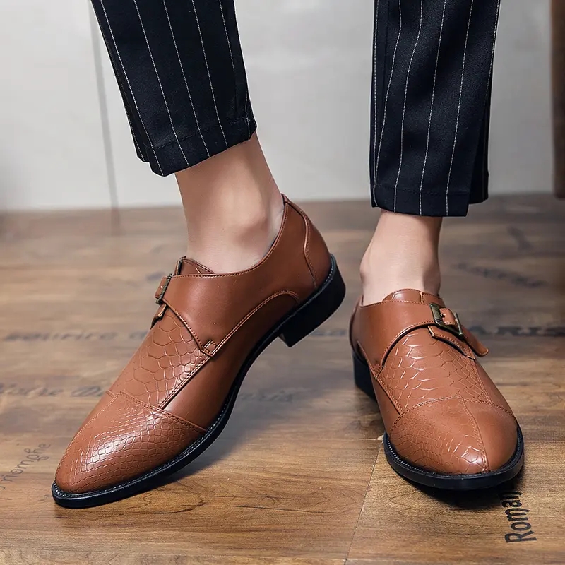

Monk Shoes Men PU Leather Solid Color Trendy Fashion Crocodile Pattern Buckle Comfortable Simple Pointed Nightclub Hair Stylist Shoes DH923, Clear
