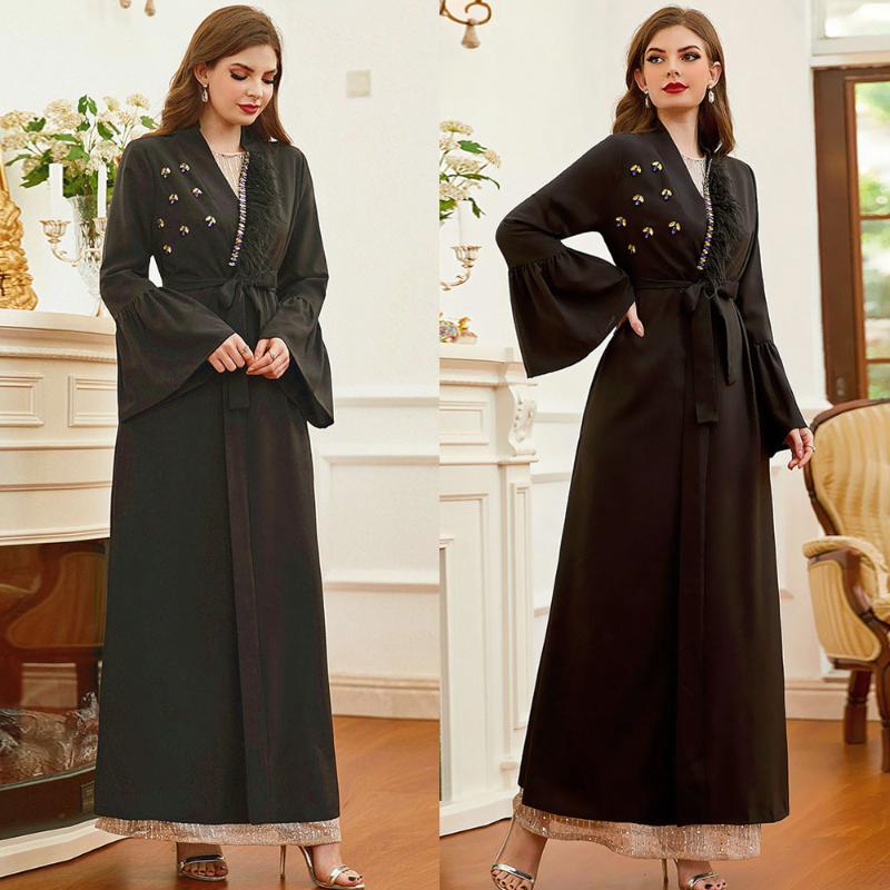 

Ethnic Clothing Turkey Open Abayas Muslim Women Arabic Maxi Robe Middle East Luxury Rhinestone Tassel Party Islamic Jilbab Flare Sleeve Card