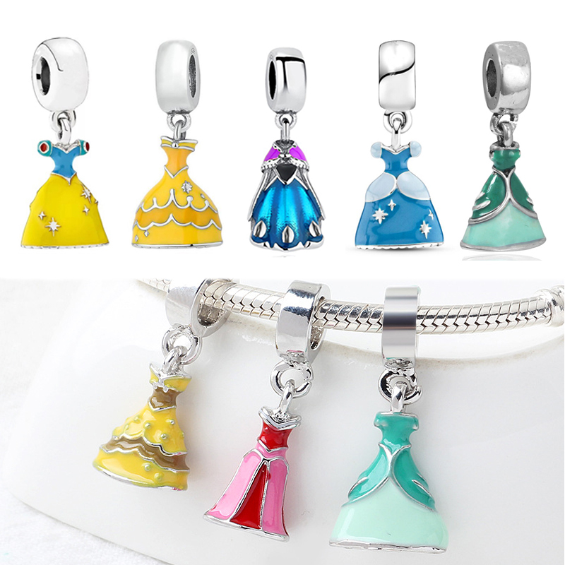 925 Silver Fit Stitch perle Émail Princesse Robe Bracelet Charme Perles entend des bijoux de bricolage Accessoires