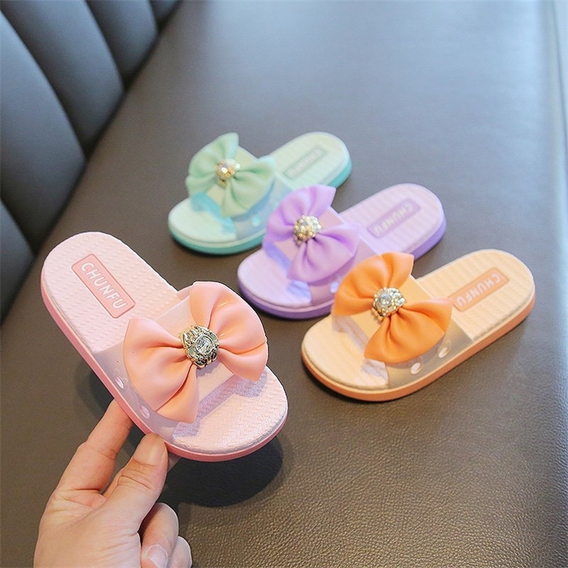 

slippers with knot Outdoor Kids Footwear Fashionable Large Crystal Beach Girls Slides Indoor Shoes E04083 220617, Pink