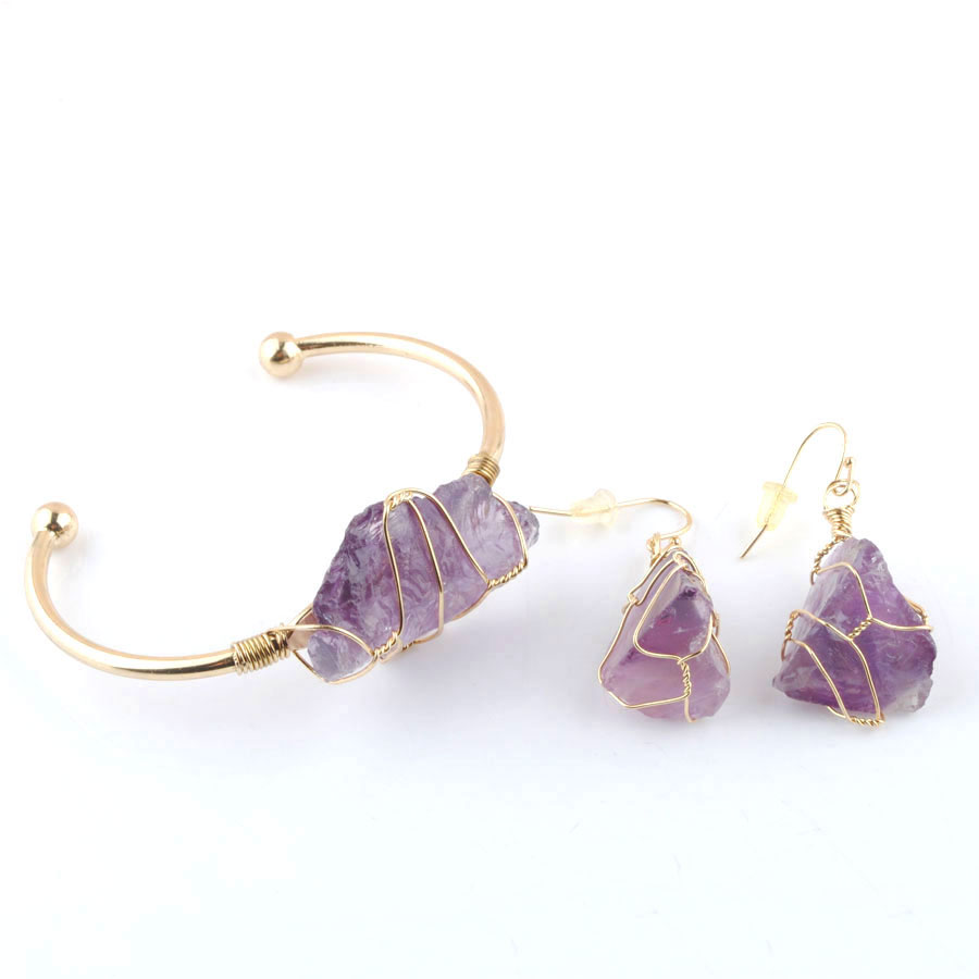 

WOJIAER Trendy Gold-color Wire Wrap Jewelry Set Irregular Bangle Bracelets Natural Crystal Stone Hook Dangle Drop Earring BO940, Mixed colors