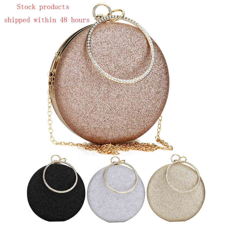 

Women Wedding Evening Clutch Round Bag Purses Handbags Crossbody Party Shoulder Bags Clutch Rose Gold Gillter Handbag T220727, Champagne