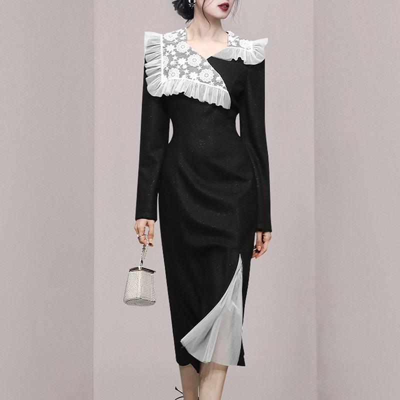 

Casual Dresses JSXDHK Runway Fashion Spring Office Ladies Dress Elegant Women Mesh Lace Embroidery V Neck Patchwork Slim Bodycon Midi, Black
