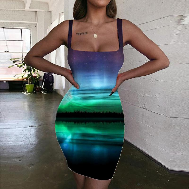 

Casual Dresses Brand Aurora Women Northern Lights Halter Sleeveless Lake 3d Print Dark Bodycon Dress Beautiful Vestido SexyCasual, Aad-zh-10126