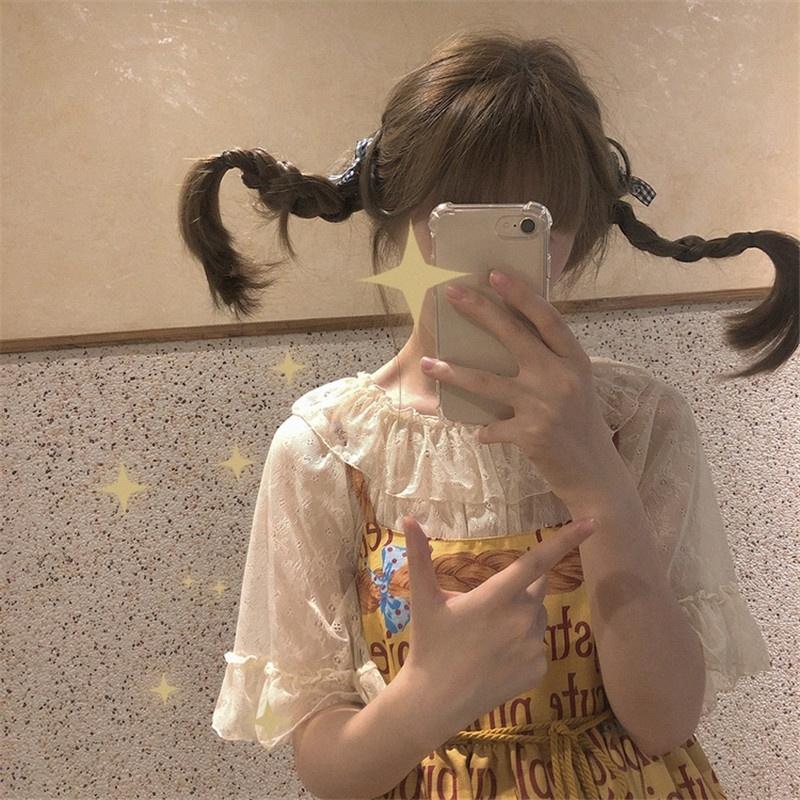 

Women's Blouses & Shirts Japan Lolita Style Sweet Princess Shirt Women Cute Ruffled Collar Floral Lace Crop Top Kawaii Black Pink Hollow Out