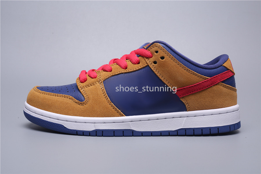 Chaussures de skateboard DNks Low Pro Reverse Papa Bear blé/fusion lumière rouge/violet foncé Colorway Skateboard Loisirs Chaussure Outdoor Sneak