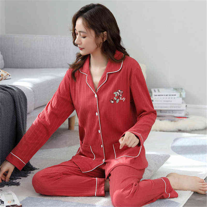 

Fdlak Millde Aged Moer Pyjama Set New Lapels Long Sleeve Pants Two Piece Suit Casual Loose Cotton Nightwear Women J220730, Brown