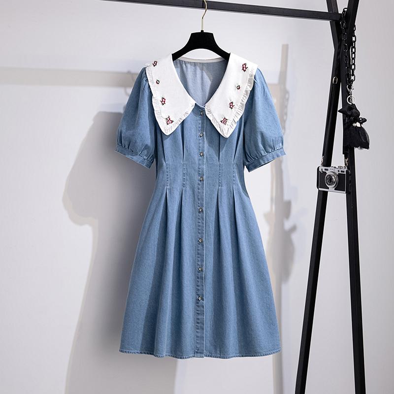 

Casual Dresses Women Summer French Vintage Flower Embroidery Denim Korean Short Sleeve V Neck High Waist A-line Jeans DressesCasual, The cowboy blue