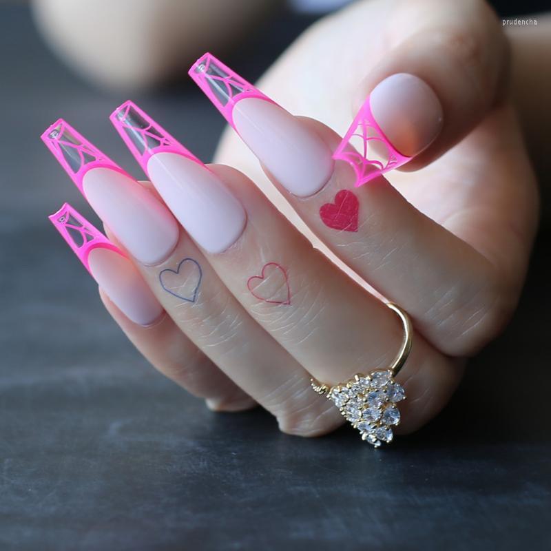 

False Nails Nude Clear Artificial Coffin Fake Pink French Spider Web Extra Gel Fasle Ballet Art 24pcs Prud22, 104-a-1004g