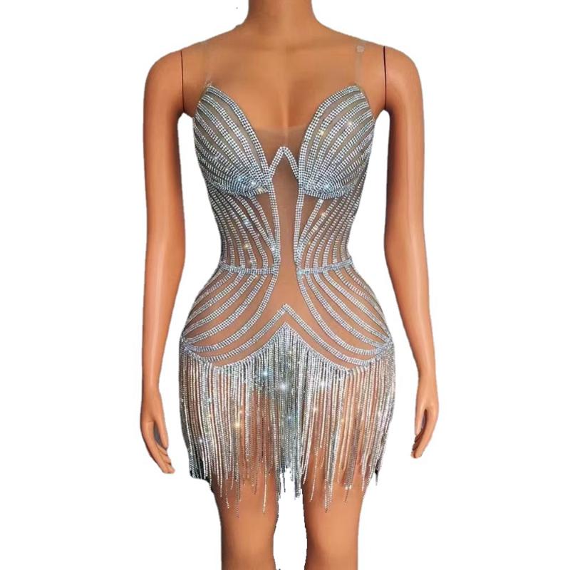 Stage Wear Strass scintillants Franges Robe courte transparente Soirée Célébrer la fête de bal d'anniversaire Costume de danse Show DressStage