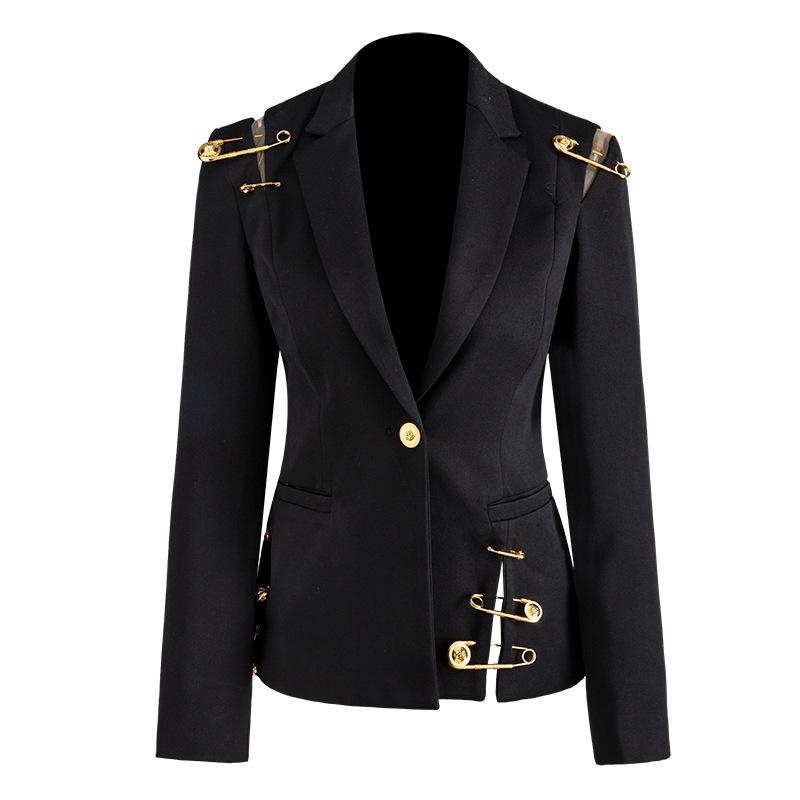 Costumes de femmes Blazers 2022 Haute rue Élégant Femmes Blazer Single Button Mesh patchwork Pin Slim Quality Mini Black