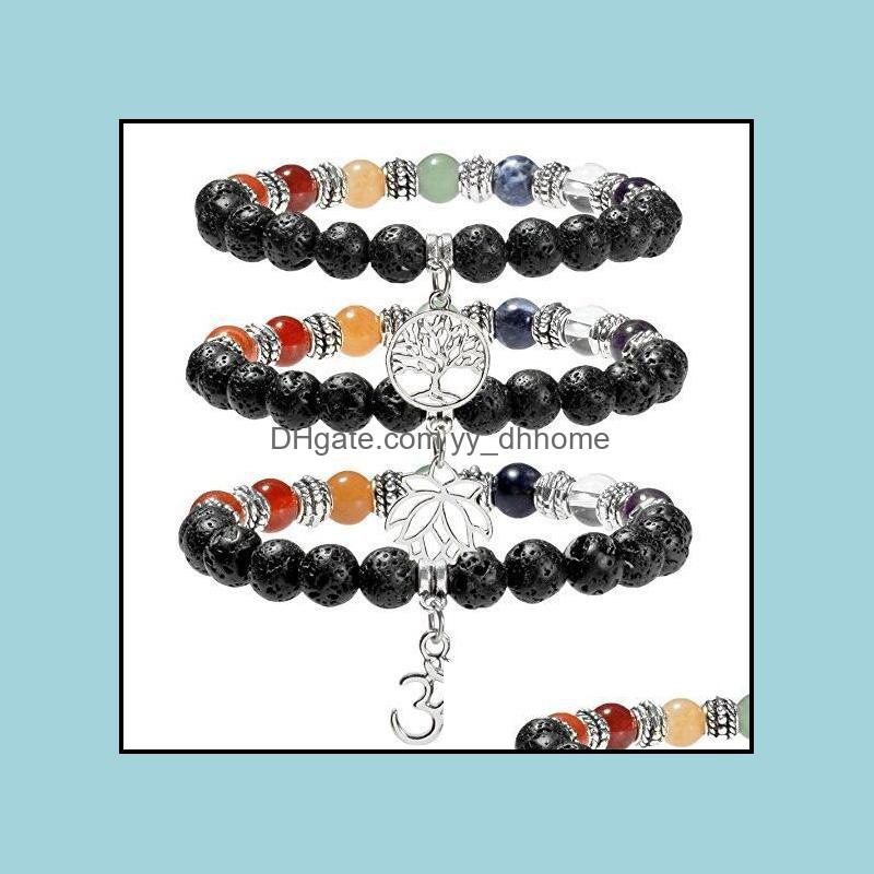 

Beaded Strands Bracelets Jewelry Jln Chakra Om Charm Bracelet Yoga Healing Seven Color Meditation Mala Prayer Lava Gemstone Beaded Stretch