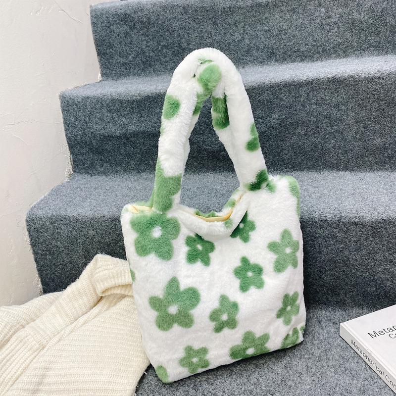 

Evening Bags Fashion Women Green Flower Print Shoulder Winter Soft Plush Underarm Faux Fur Bucket Furry Fluffy Tote BagEvening, 27x19x7cm