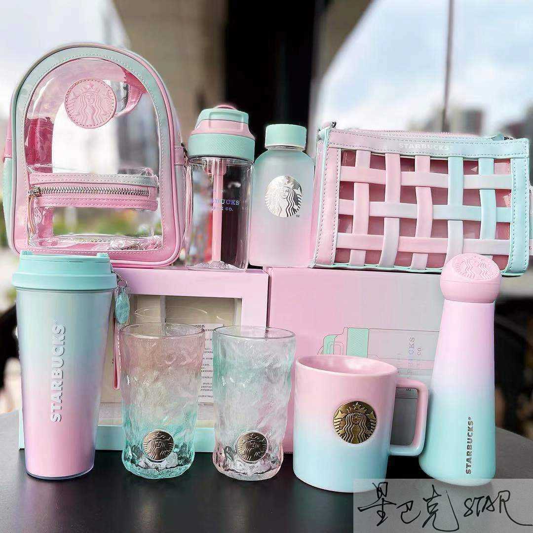 Starbucks cup Valentine's Day pink green gradient glacier pattern copper seal mark glass straw accompanying thermos bag-image-760323730