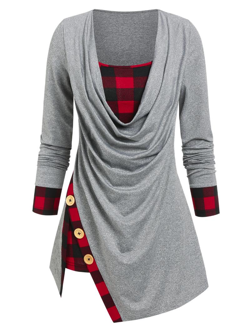 

Women's T-Shirt Wipalo Plaid Print Marled Draped Faux Twinset, Gray