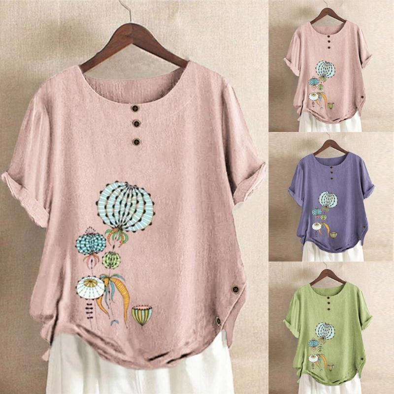 

Women's Blouses & Shirts Women Plus Size Blouse Ladies Short Sleeve Cotton Linen O-neck Print Top Shirt Summer Dames Zomer @40