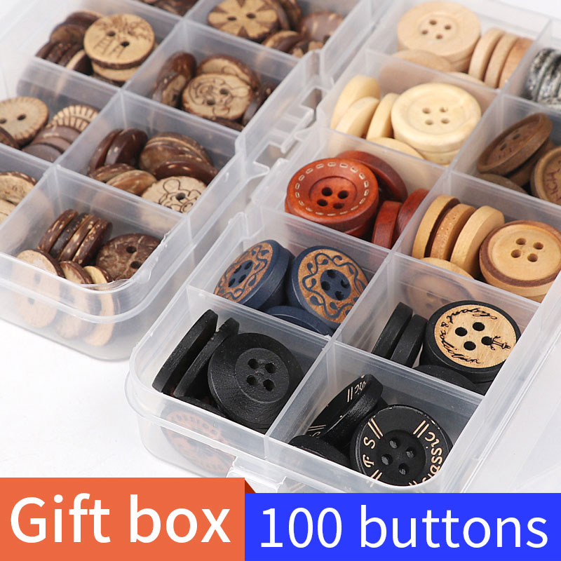 

Tools 100 wooden buttons free box 2 holes sewing decoration vintage crafts buttons clothes sweaters shirts pants
