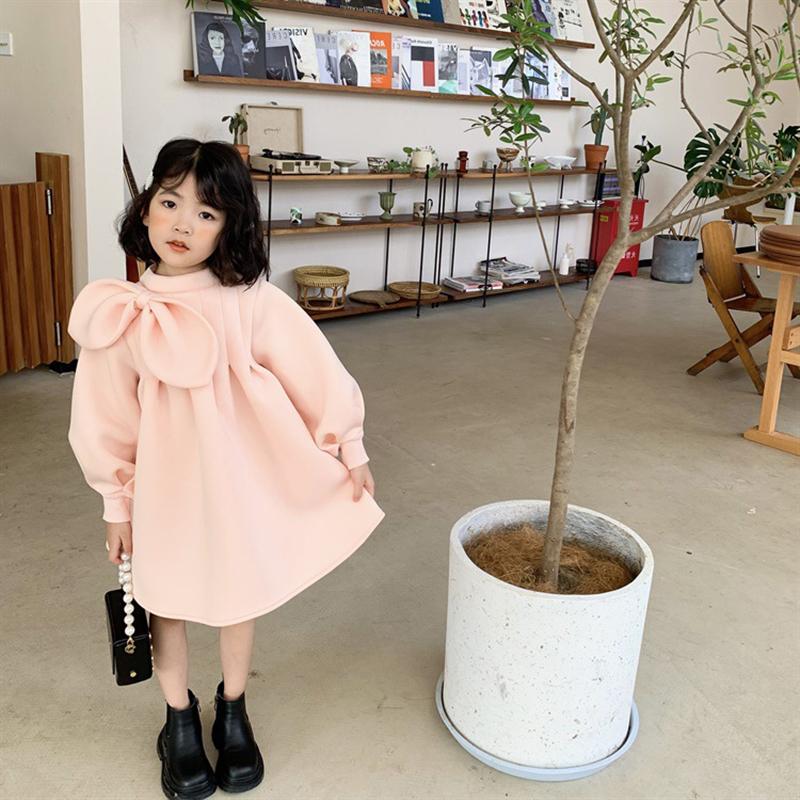 

Girl's Dresses Girls Korean Style Solid Color Bow Air Cotton Long-sleeved Dress Toddler Girl Fall Clothes 2022 Autumn Baby ClothingGirl's, Pink