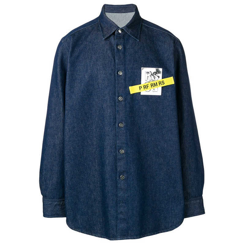 

Men's Casual Shirts [Spot]RAF 19ss Simons silver ribbon contrast denim ins men's and women's loose shirt coat, Black