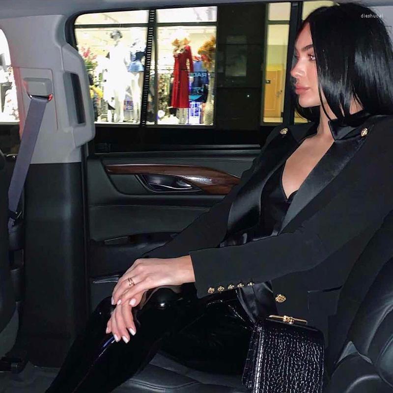 

For Suit Luxury Designer Women Blazer Jacket Coat Single Button Satin Collar Office Lady Black Blazers Feminino Outwear Women' Suits