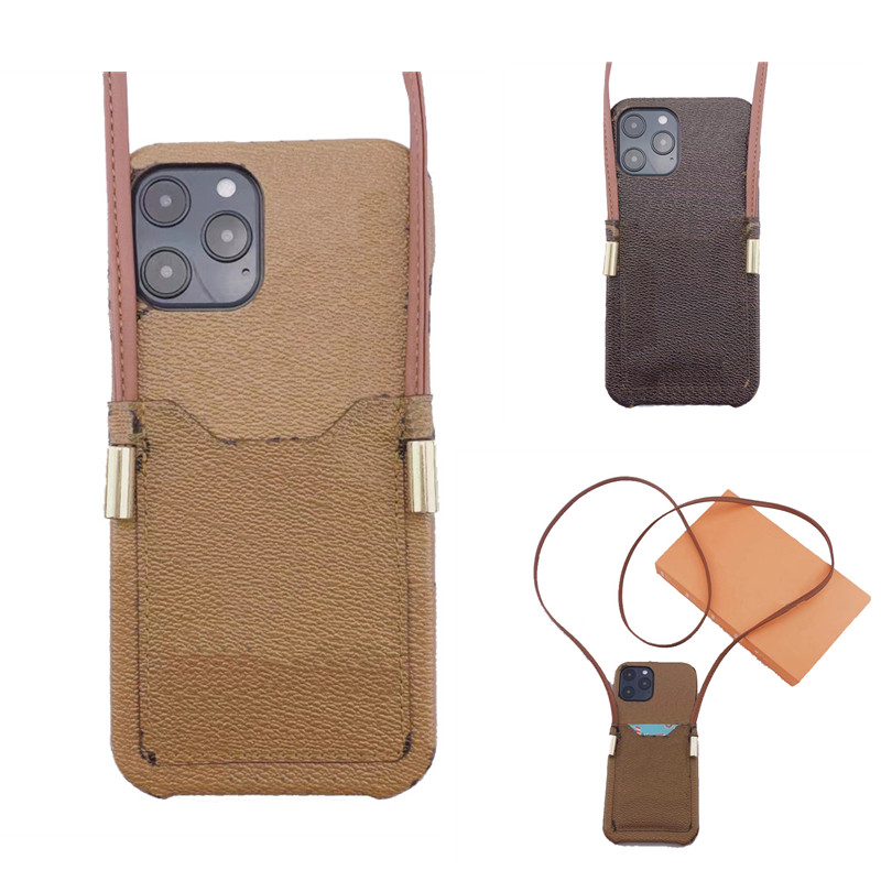 

with Box Fashion Designer Cell Phone Cases for iPhone 14 14pro 14plus 13 12 11 pro max XR Xsmax Leather Print Pattern Handbag Case Lanyard, L1-brown flower