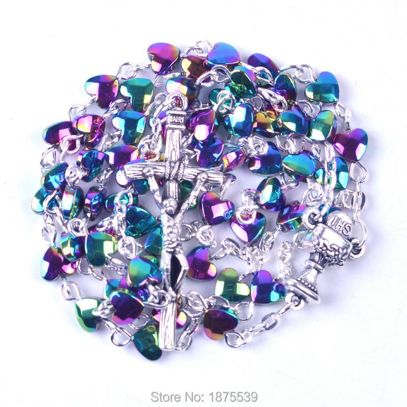 

Chains Heart Shape Hematite Bead Colorful Rosary Necklace Cup Center Pope CrucifixChains