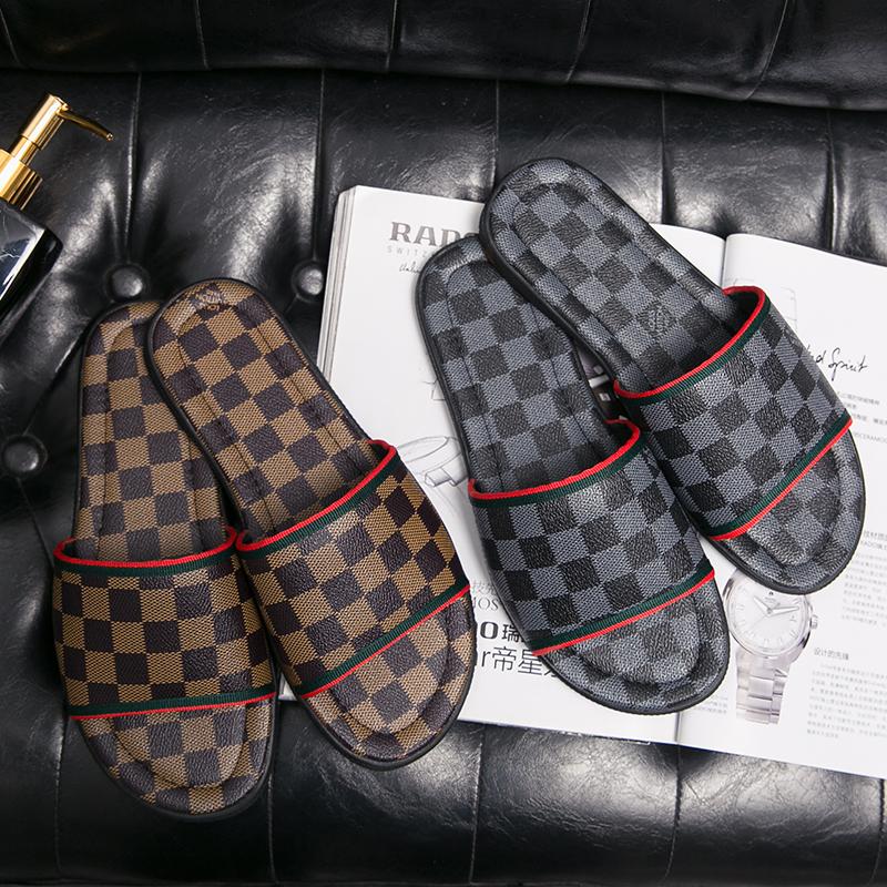 

Genuine Leather men Slippers luxury Checkered pattern Brand designer Slides black brown Beach flip flop outdoor Indoor Flat fashion Sandals