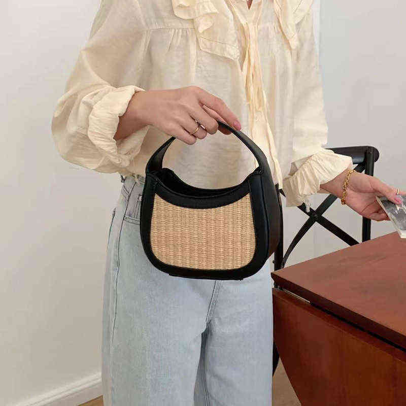 

Handbag Heat leather hand-held shoulder diagonal straw woven leisure women's, White