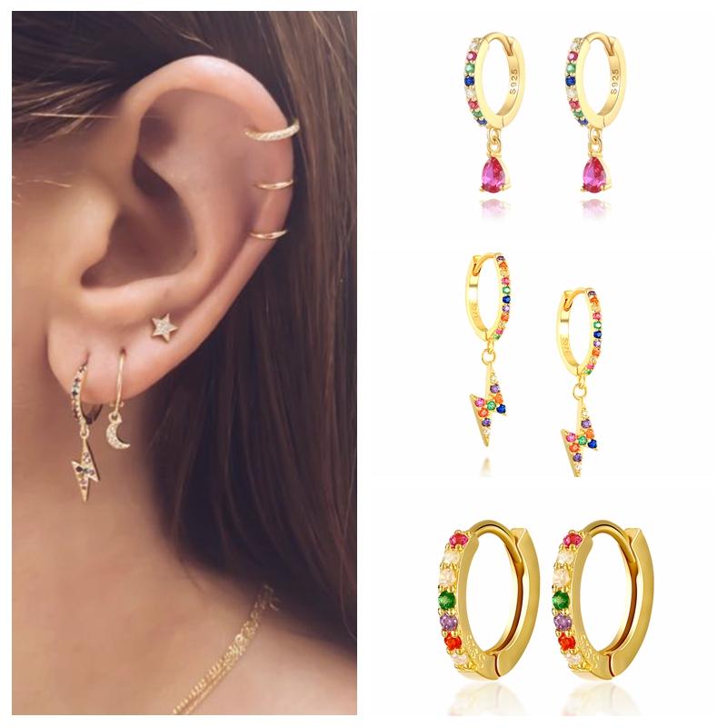 

Hoop & Huggie Aide Stud Earrings For Women Ear Bone Cartilage Earring 925 Sterling Silver Rainbow Cubic Zirconia Piercing Pendientes MujerHo